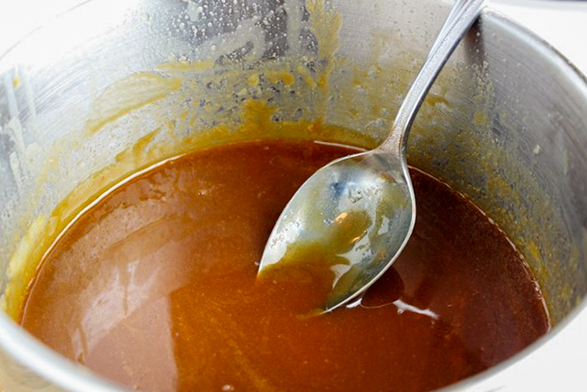 caramel bourbon sauce in pot.
