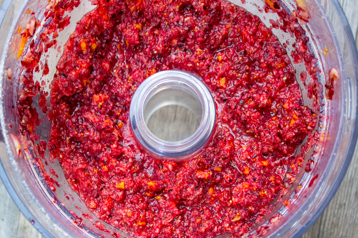 cranberry orange relish in food processor bowl.