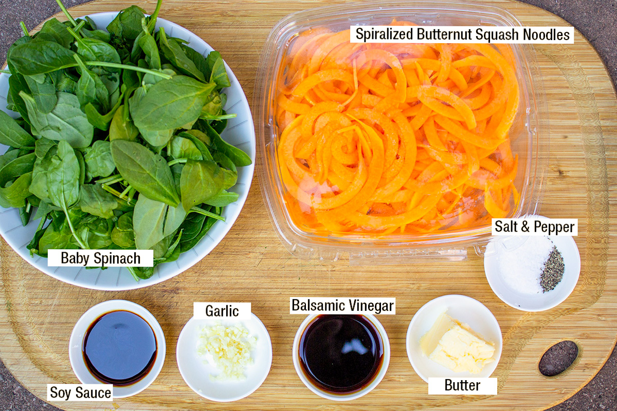 spiralized butternut squash noodles, baby spinach, butter, balsamic vinegar, garlic, soy sauce, salt and pepper.
