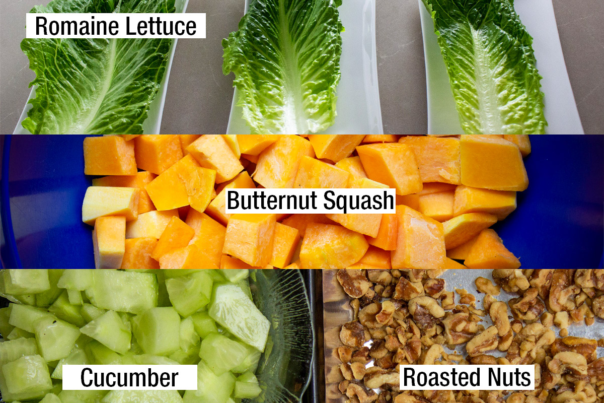 romaine lettuce leaves, cubed butternut squash, diced cucumber, toasted nuts.