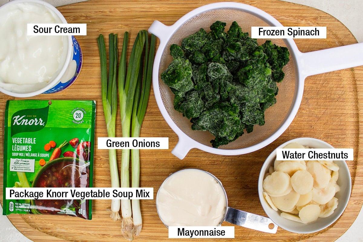 Frozen spinach, mayonnaise, sour cream, green onions, water chestnuts, package Knorr vegetable soup mix.