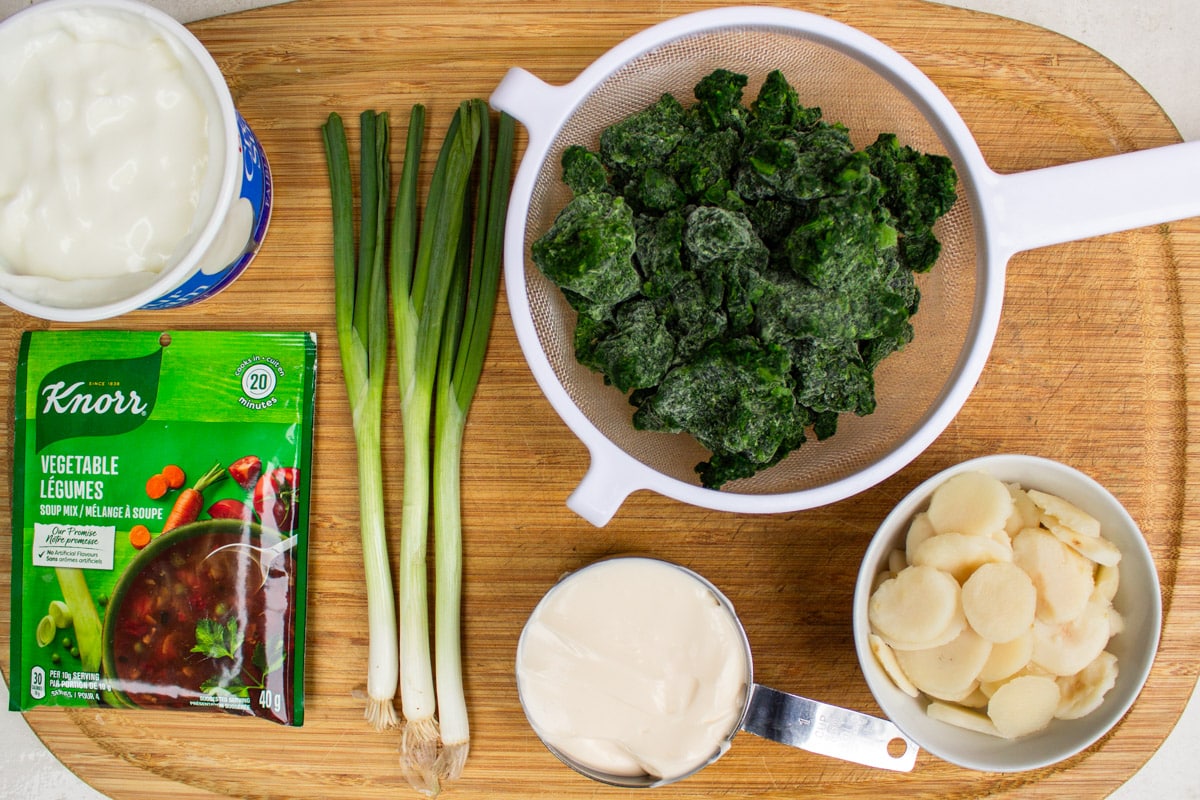 frozen spinach, mayonnaise, sour cream, green onions, water chestnuts, package Knorr vegetable soup mix. 