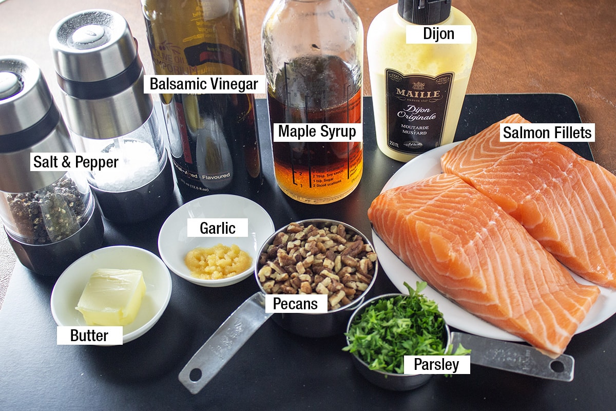 salmon fillets, pecans, parsley, garlic, butter, Dijon, maple syrup, balsamic vinegar, salt, pepper.