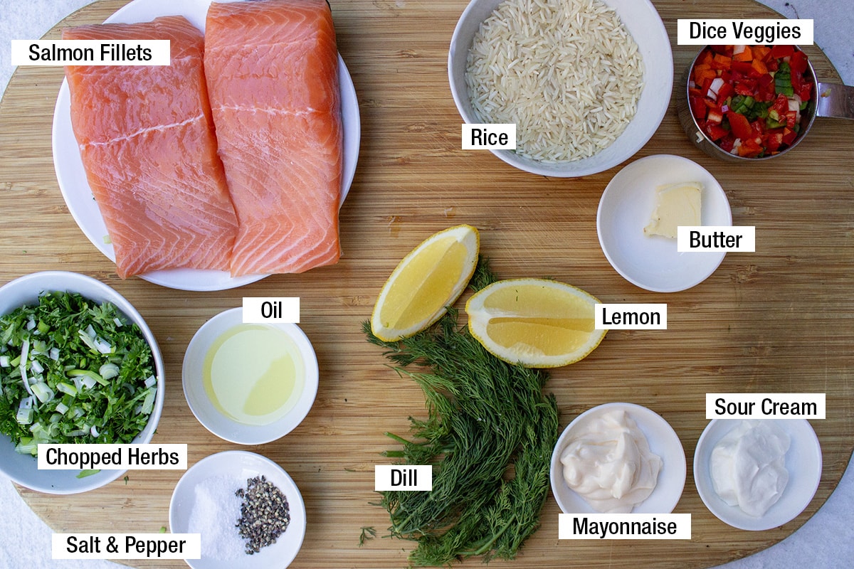 salmon fillets, oil, salt & pepper, chopped herbs, lemon, dill, sour cream, mayonnaise, rice, dice veggies, butter.