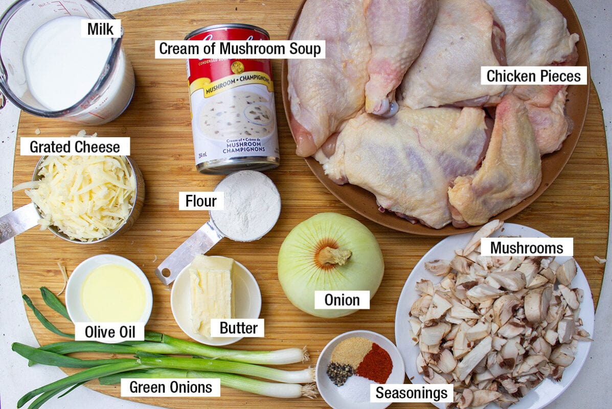 bone-in chicken pieces, can of cream of mushroom soup, onion, mushrooms, flour, butter, green onions, seasonings, milk, grated cheese.