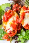 cheese and ricotta stuffed shells toped with tomato sauce served over bed of lettuce on plate.