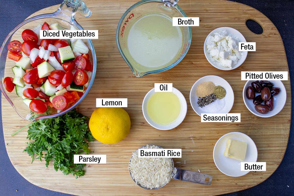 diced vegetables, basmati rice, broth, lemon, seasonings, oil, butter, feta, pitted olives, parsley.