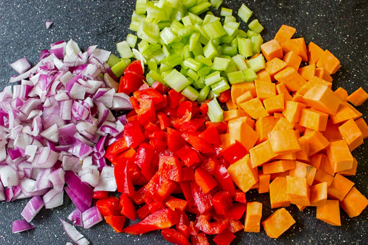 chopped celery, onions, sweet potato and red peppers.