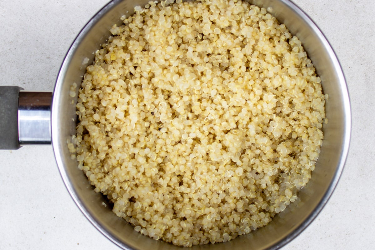 cooked quinoa in pot.