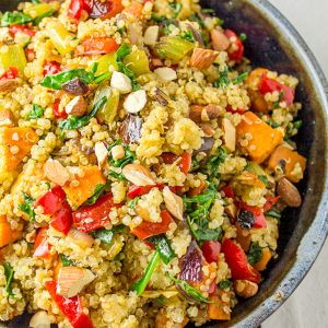 vegetable stuffing with quinoa in bowl.