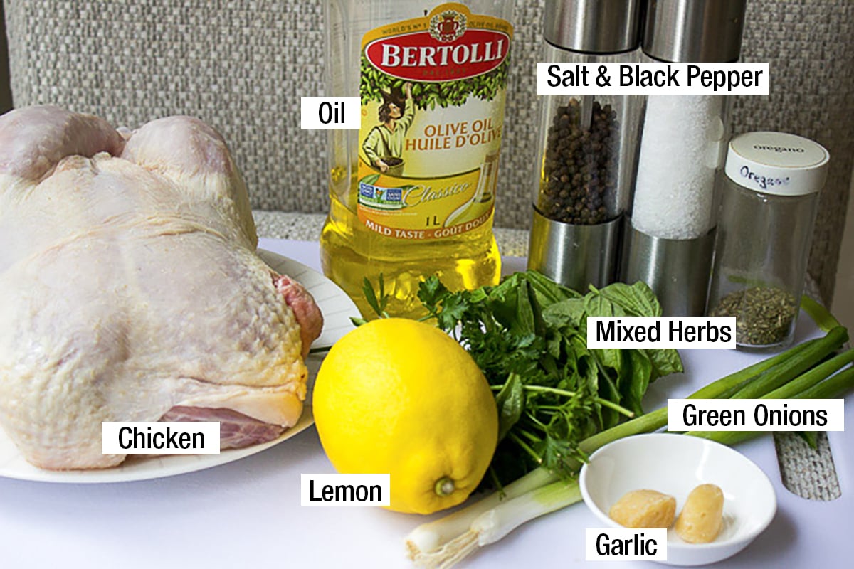 chicken, lemon, garlic, mixed herbs, oil, green onions, salt, black pepper.