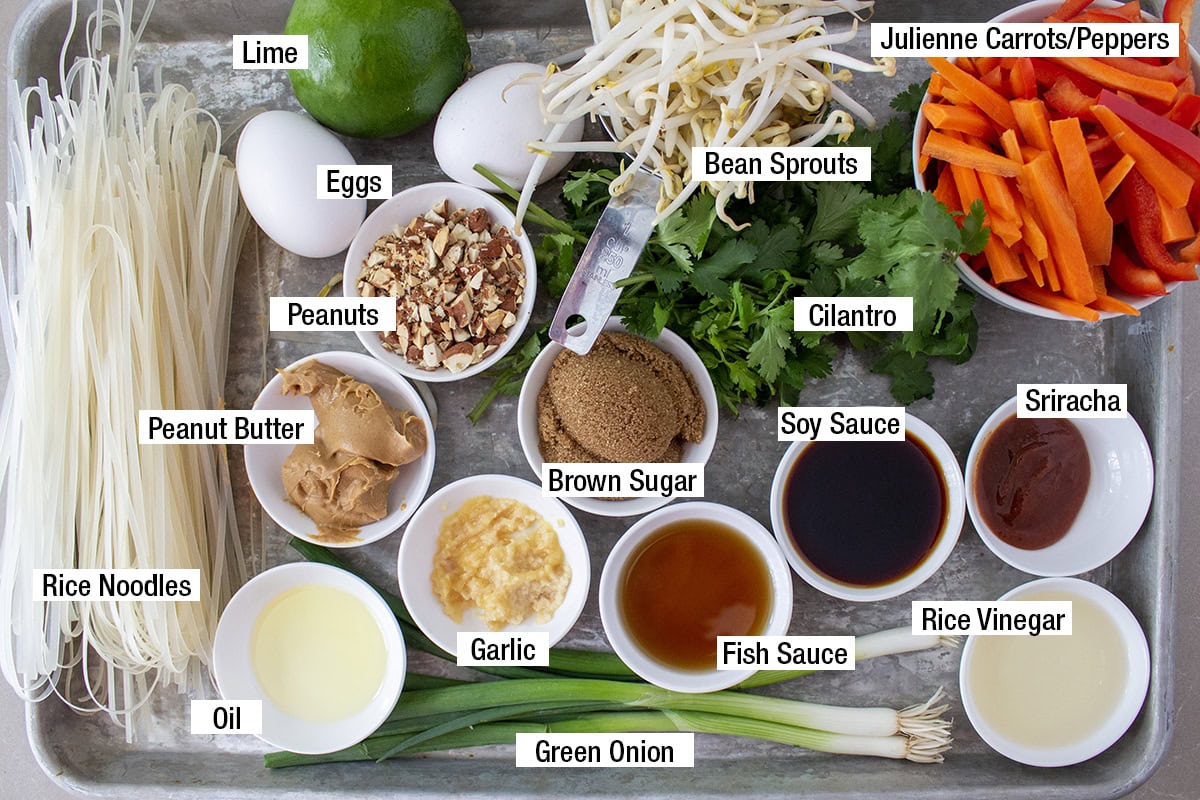 Rice noodles, eggs, lime, bean sprouts, cilantro, julienne carrots/peppers, sriracha, rice vinegar, soy sauce, fish sauce, brown sugar, garlic, peanuts, peanut butter, oil, green onion, bean sprouts.