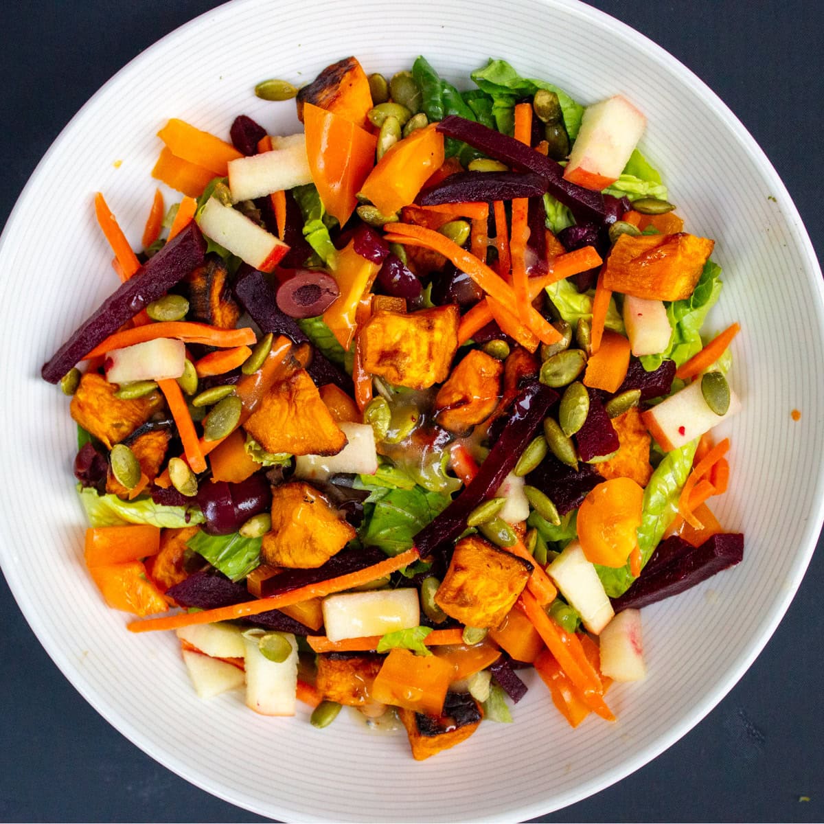 Halloween chopped salad in bowl.