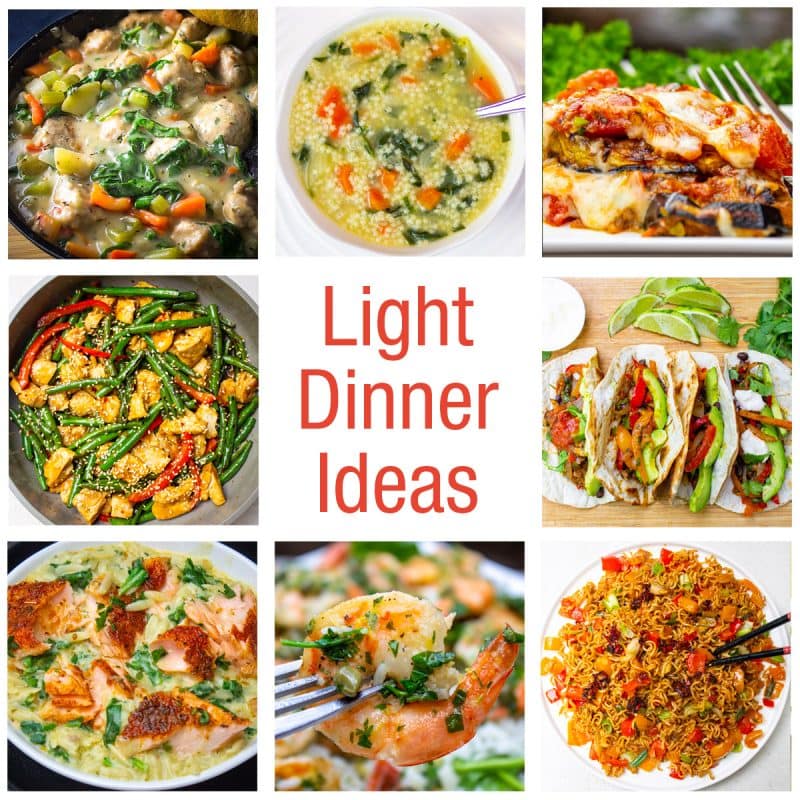 Collage of light dinner ideas and recipes.