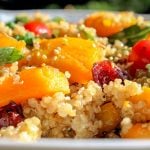 Butternut squash salad with quinoa and spinach on serving platter.