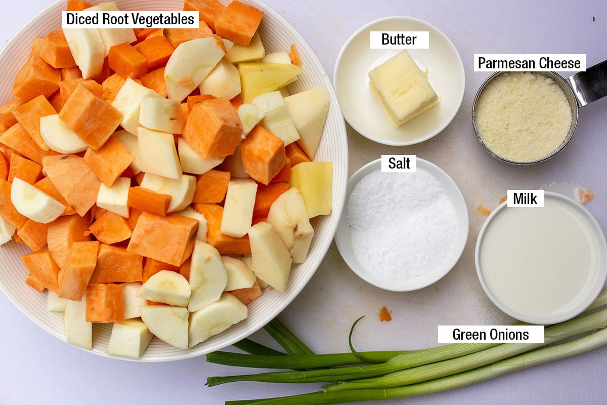 Diced root vegetables, butter, green onions, salt, Parmesan cheese, milk.