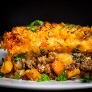 Piece of plant-based Shepherds pie on plate.