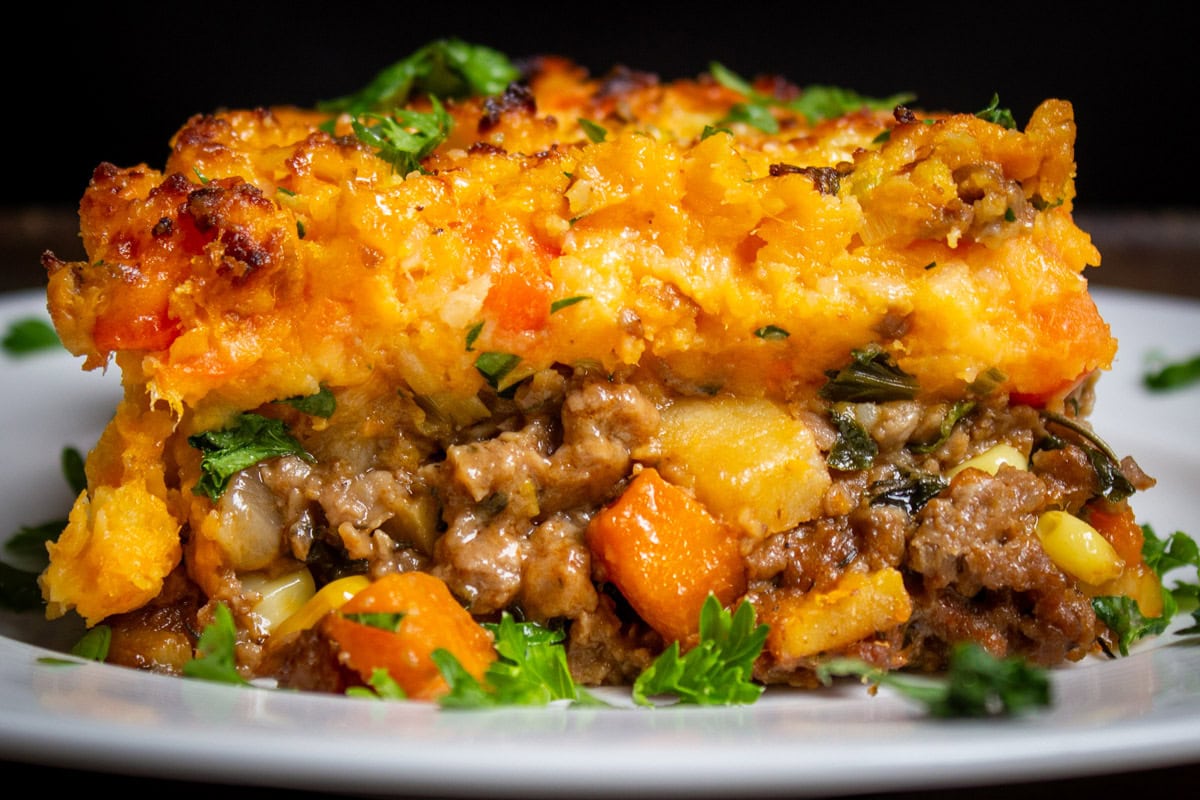 Piece of plant-based Shepherds pie on plate. 