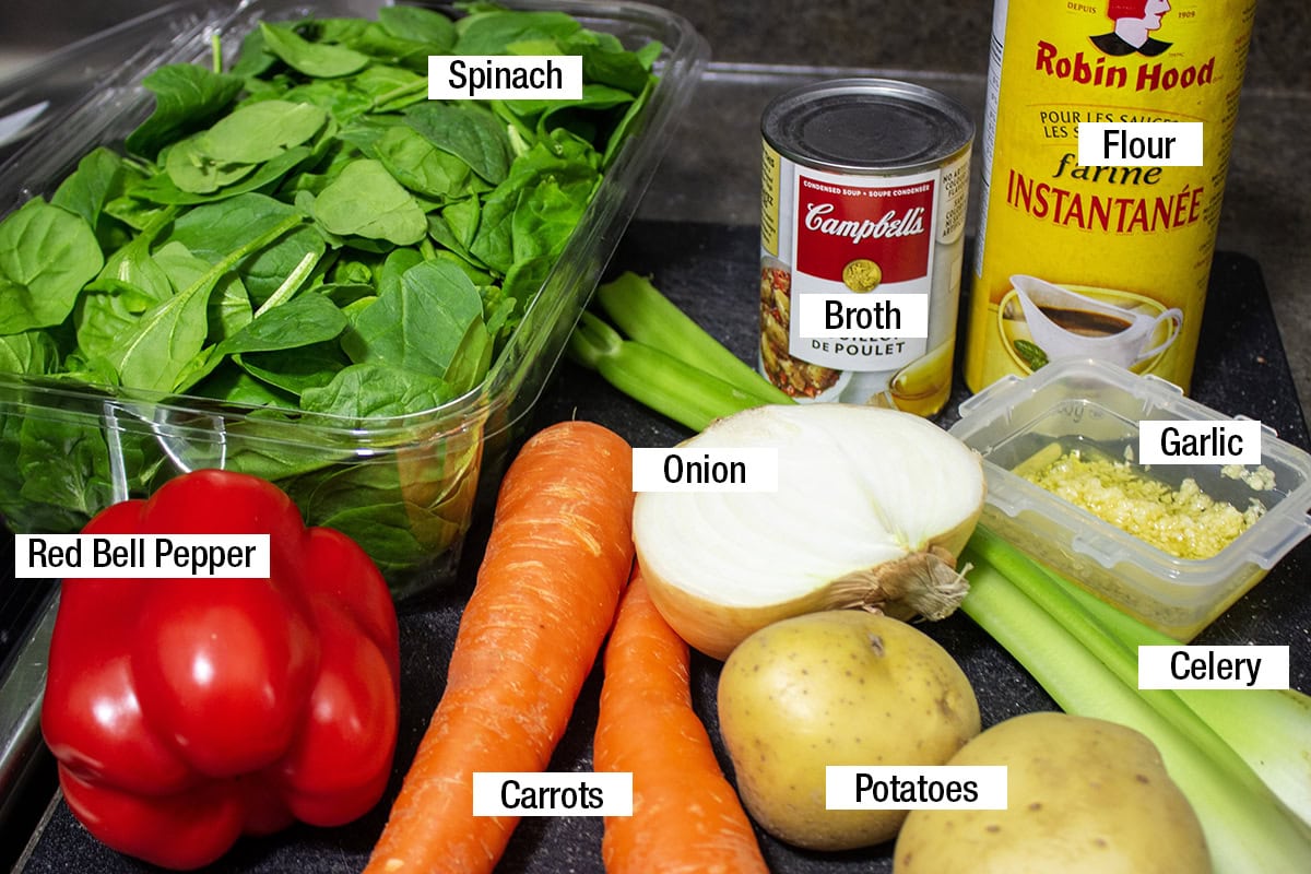Red bell pepper, onion, carrots, potatoes, garlic, broth, spinach, flour, celery.
