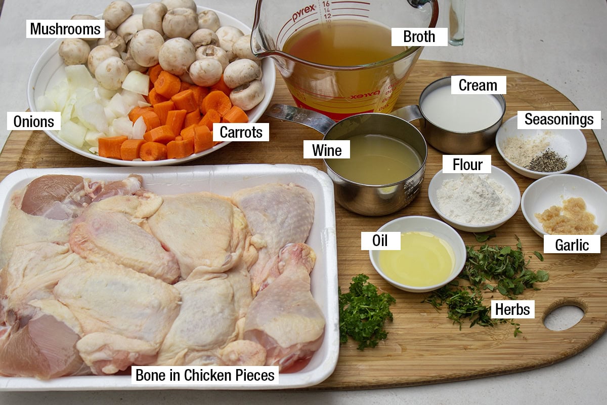 Bone in chicken pieces, mushrooms, onions, carrots, broth, wine, cream, herbs, garlic, oil, seasonings, flour.