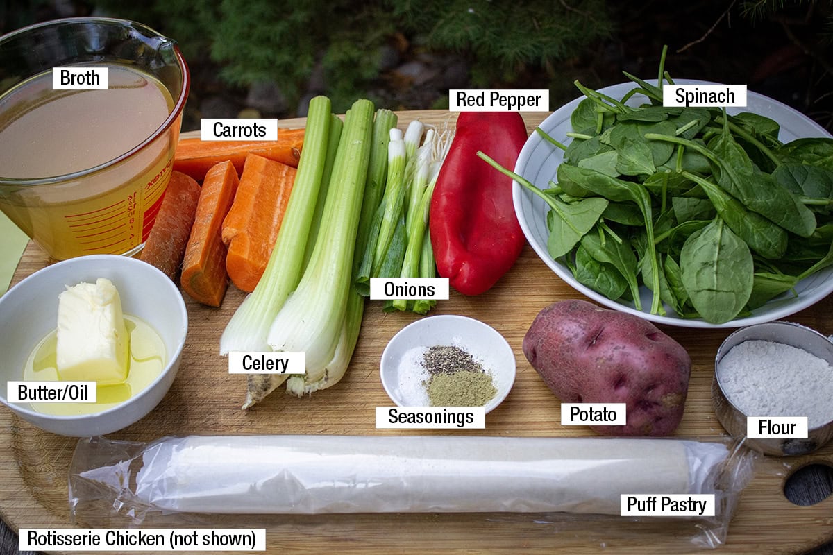 Puff pastry, butter/oil, broth, carrots, celery, onions, spinach, flour, seasonings, red pepper, potato, and rotisserie chicken (not shown).