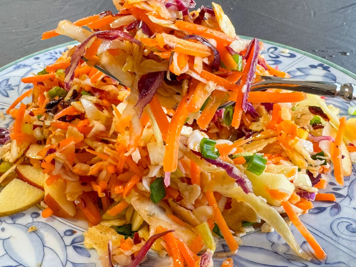 Asian coleslaw scooped up with a fork from a plate.