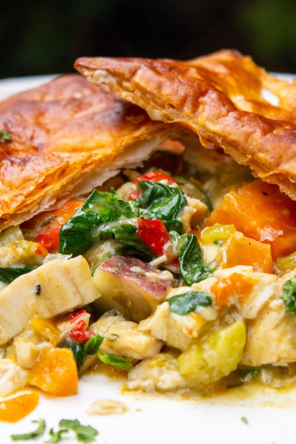 Chicken pot pie filling topped with puff pastry squares on a plate.