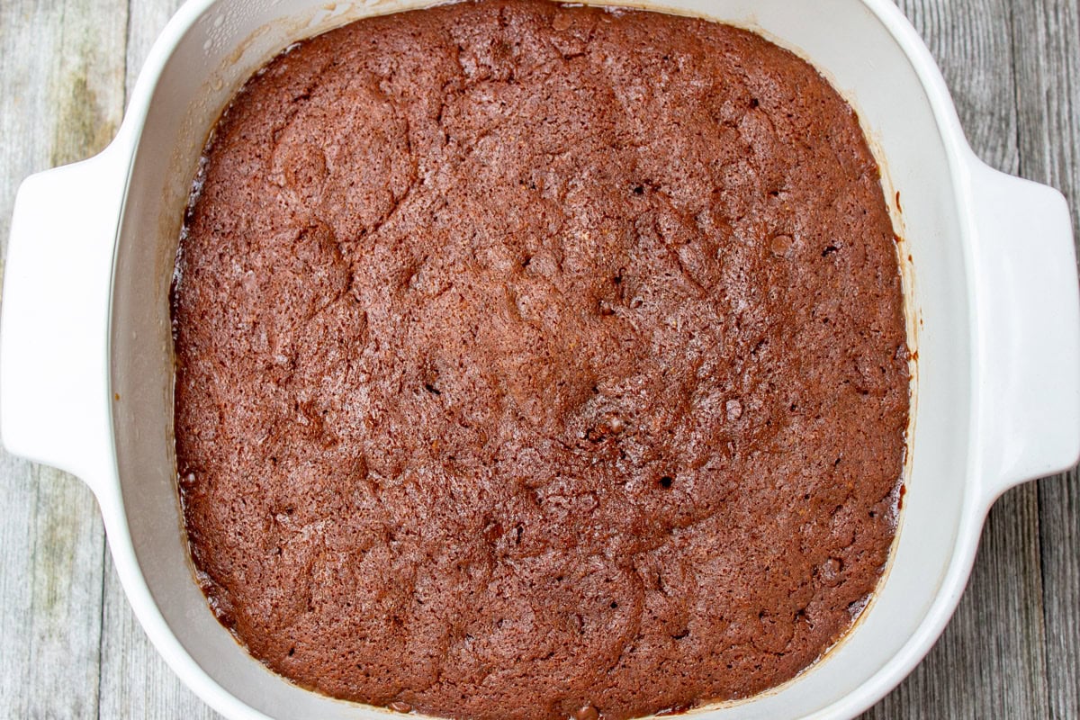 Pan of microwave brownies after cooking.