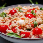 Caprese-style pastina salad in a bowl.