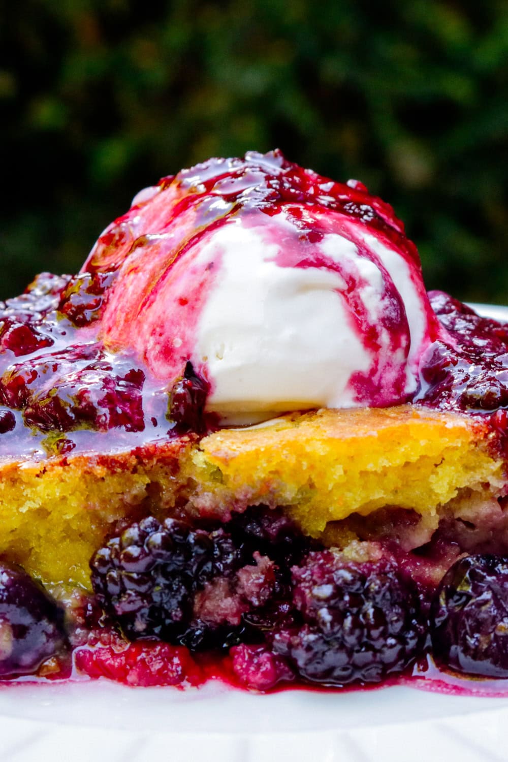 Piece of berry cake topped with vanilla ice cream and berry compote.