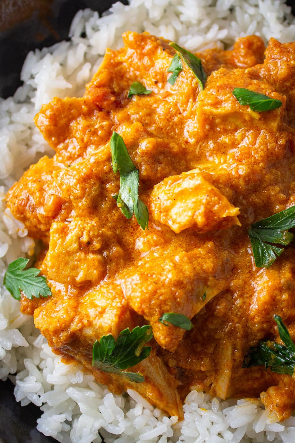 Butter chicken over white rice on plate.