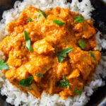 Butter chicken over white rice on plate.