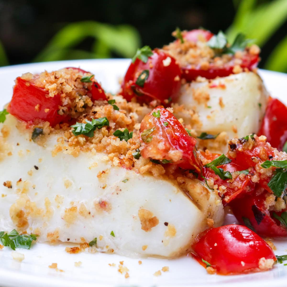 Halibut topped with tomato-caper mixture on plate.