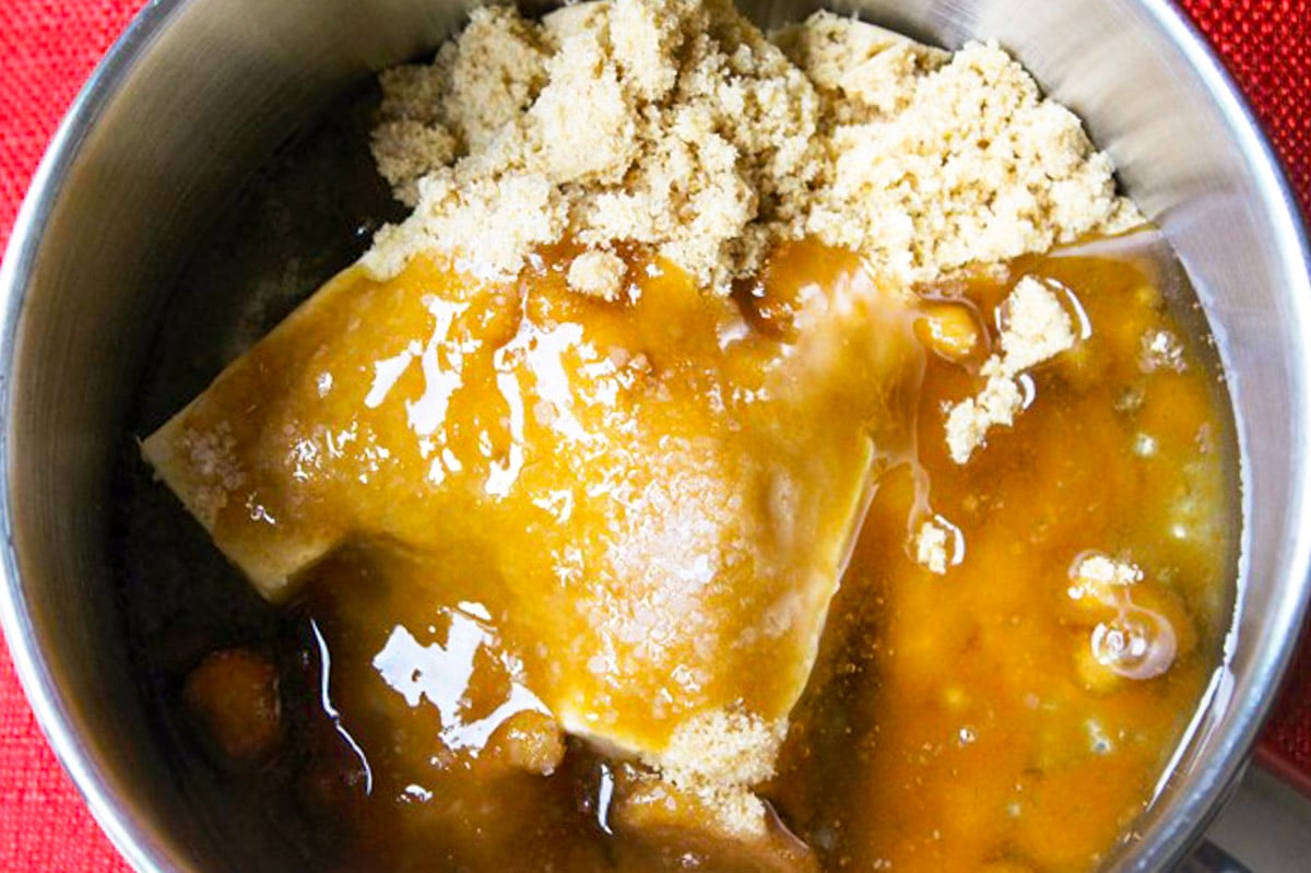 Butter, brown sugar, corn syrup and salt in a pot.