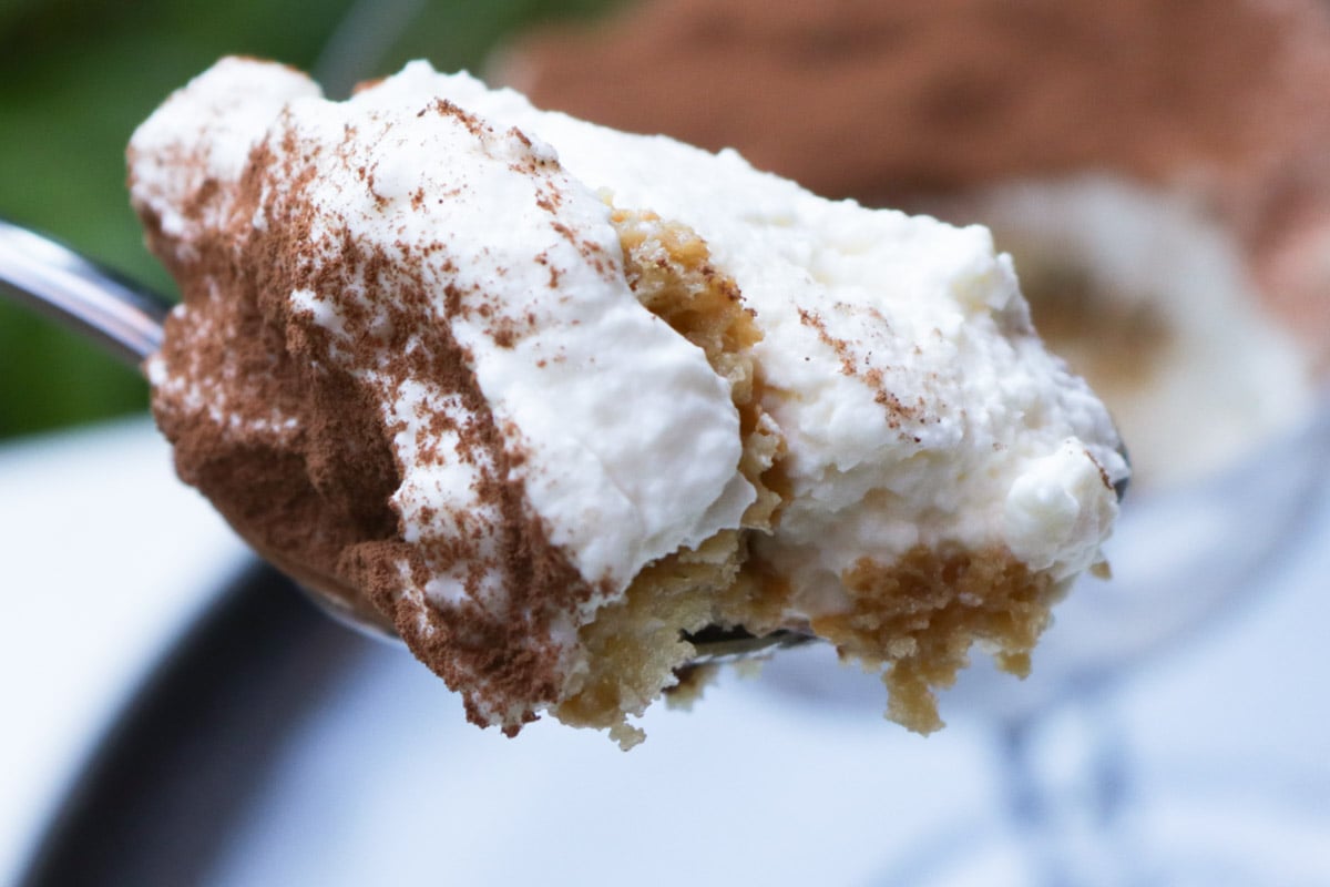 Scoop of tiramisu on a spoon.