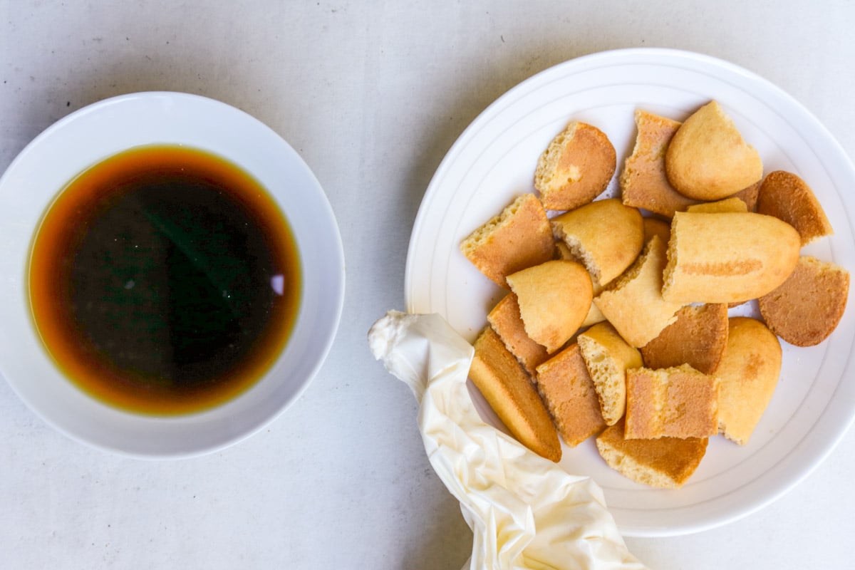Coffee in a bowl and broken ladyfingers in a second bowl.