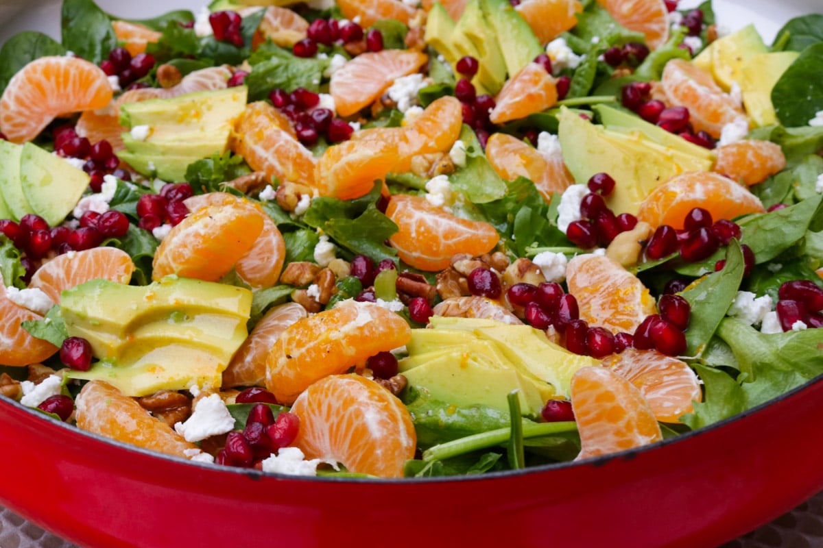 Mandarin orange salad in a shallow serving bowl on table.
