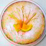 Orange cake dusted with icing sugar and decorated with orange slices and rind.