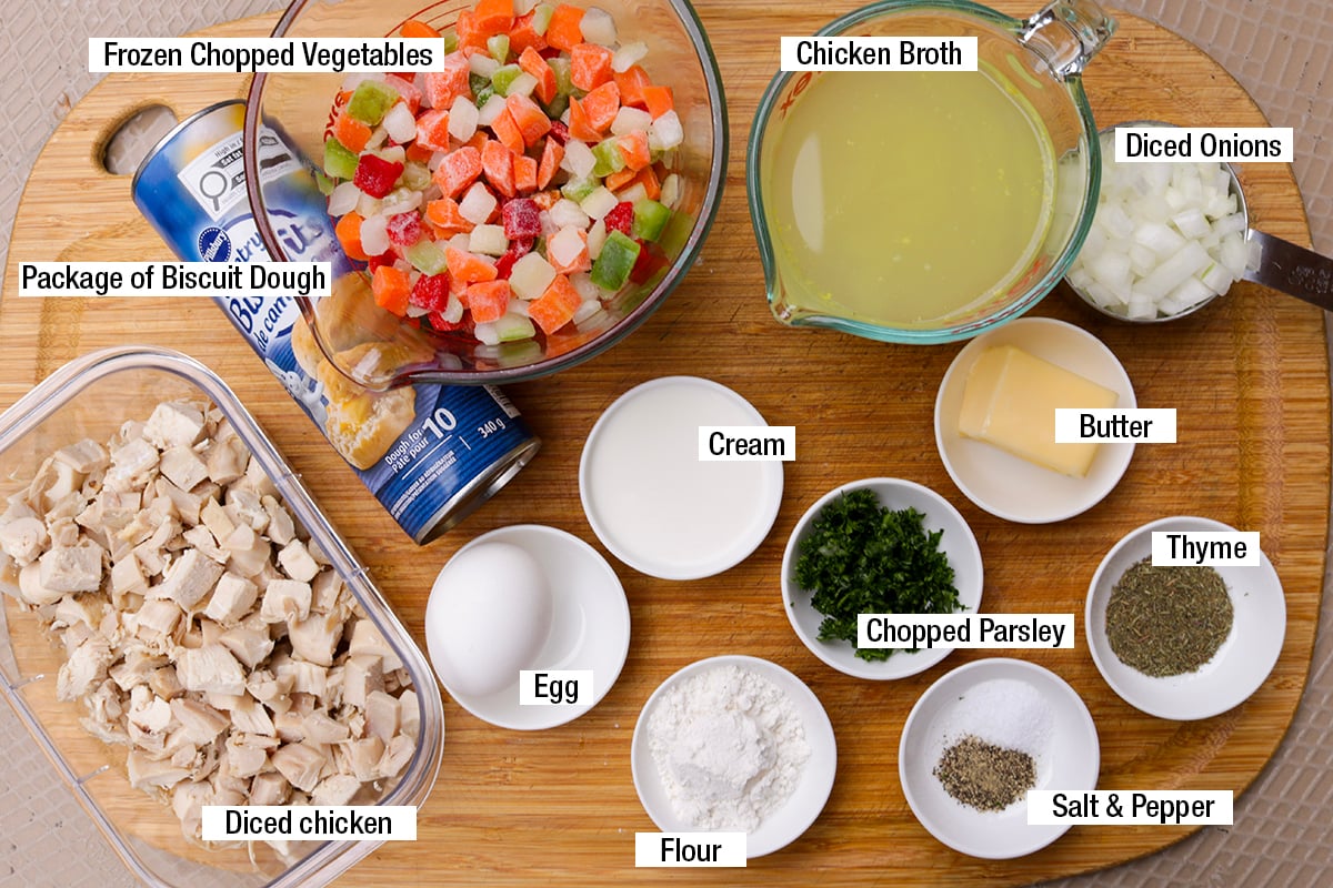 Diced chicken, package of biscuit dough, frozen chopped vegetables, diced onions, chicken broth, flour, butter, egg, salt, pepper, thyme, chopped parsley, cream (optional).