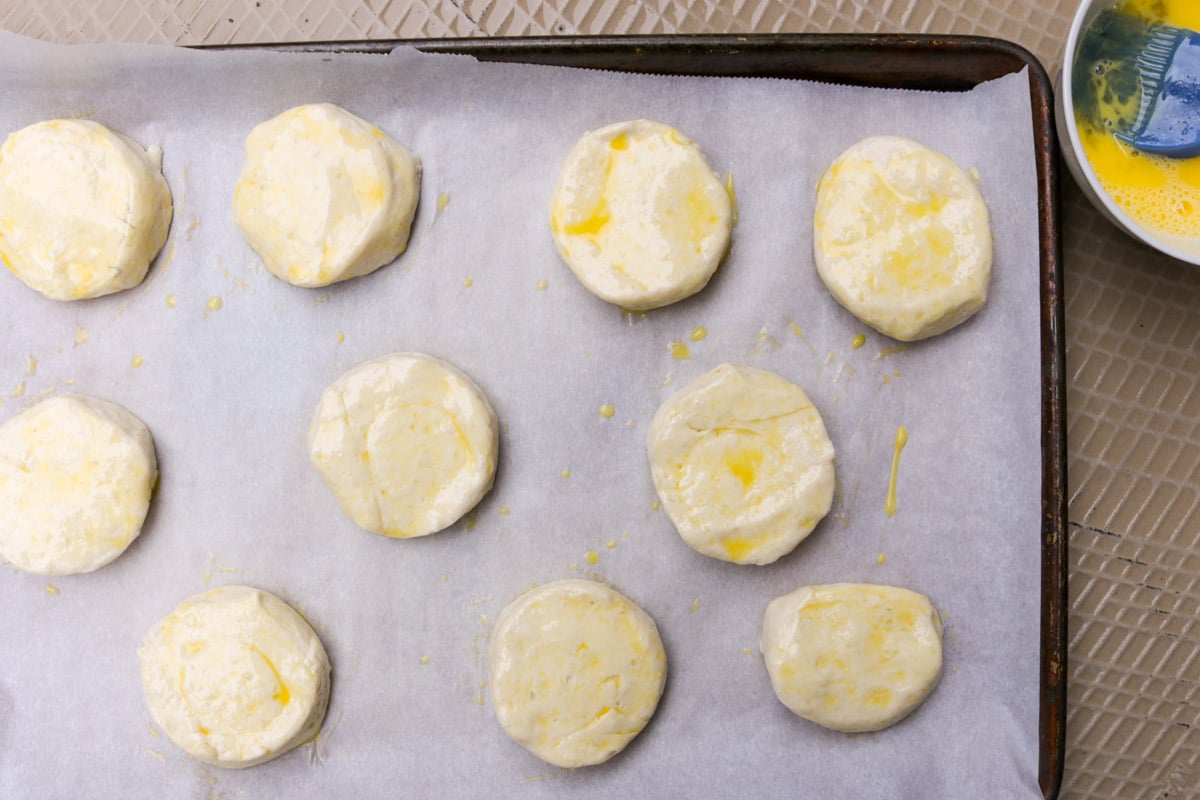 Disks of biscuit dough on parchment lined baking sheet.