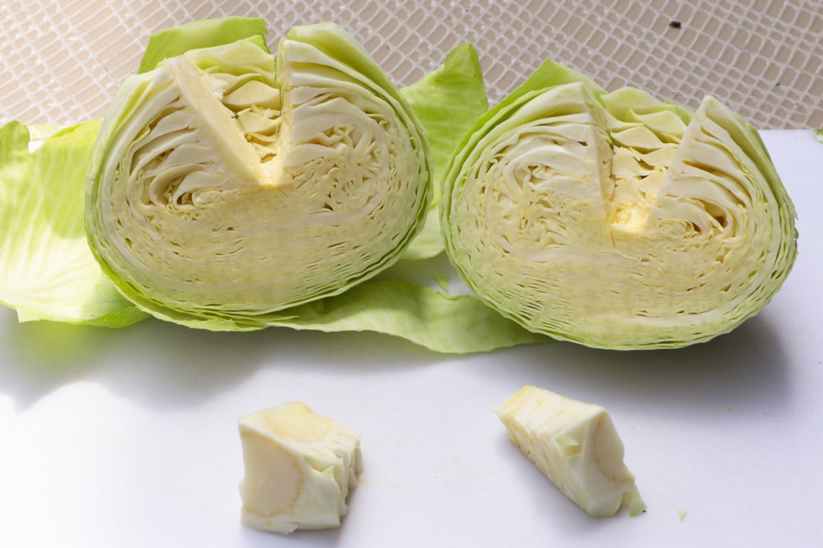 Cabbage cut in half and core removed.