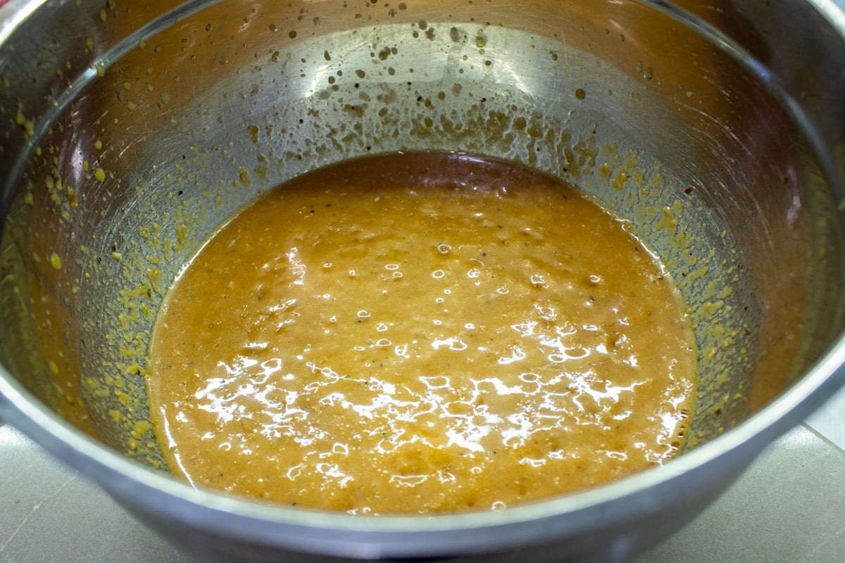 Pureed Korean style glaze in silver mixing bowl.