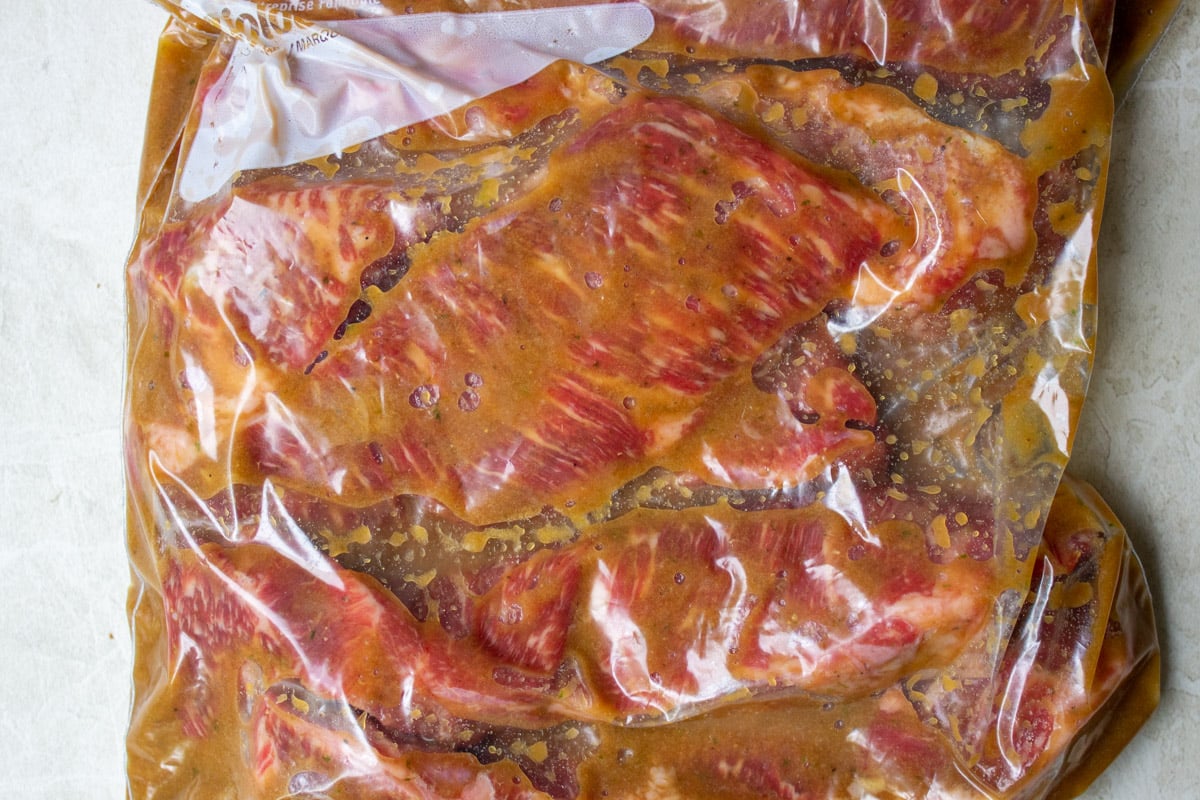 Beef short ribs marinated in ziploc bag.