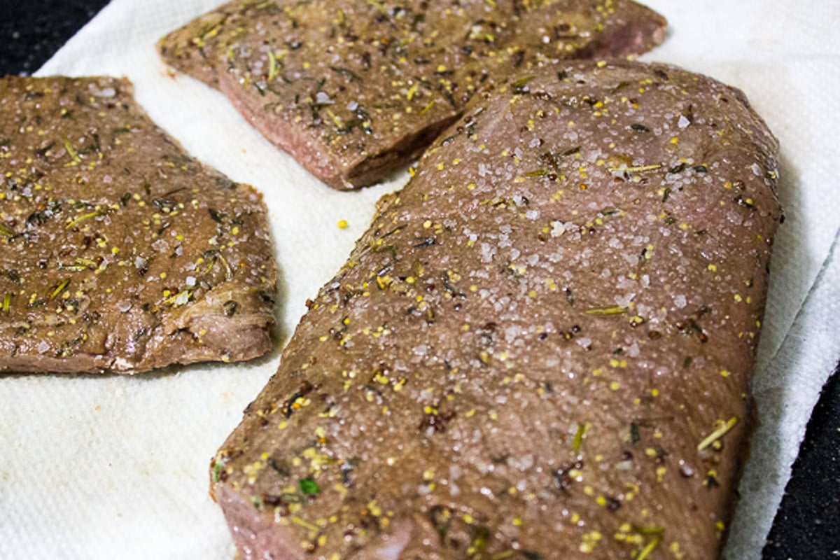 Sous vided flank steak on paper towel. 