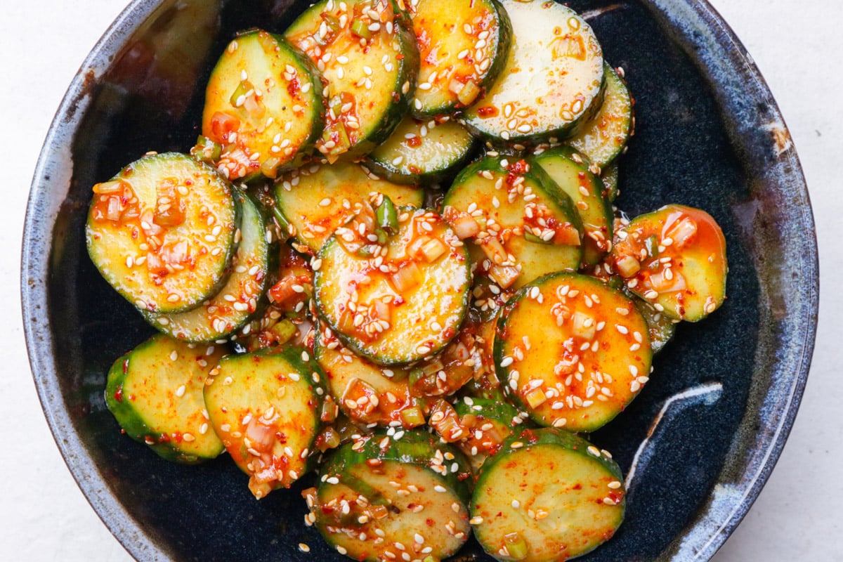 Bowl of Korean cucumber salad.