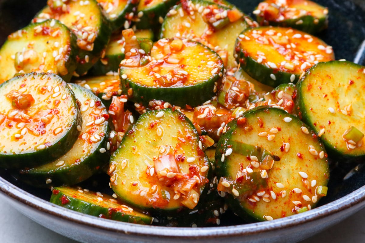 Bowl of Korean cucumber salad.