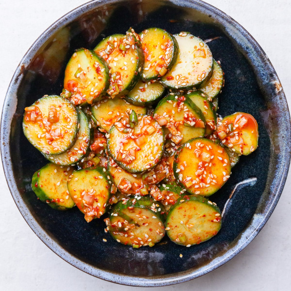 Bowl of Korean cucumber salad.