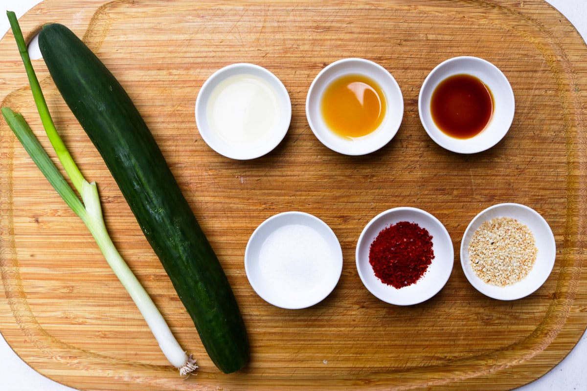 English cucumber, green onion, sugar, sesame oil, gochugaru, sesame seeds, rice vinegar.