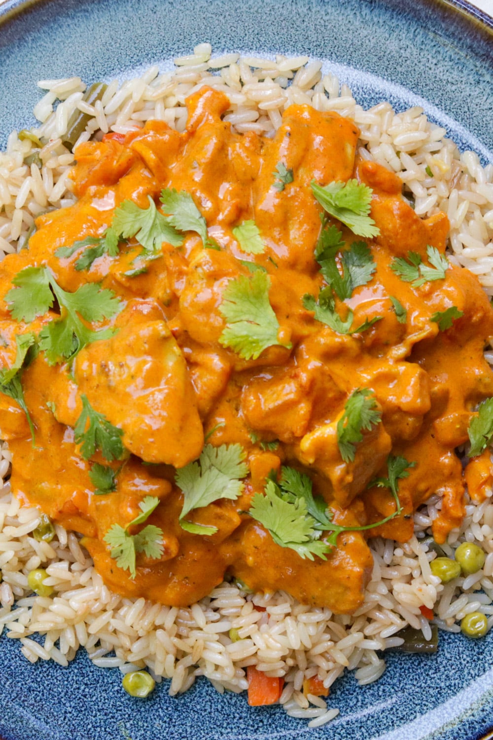 Chicken curry over rice, garnished with cilantro on a plate..