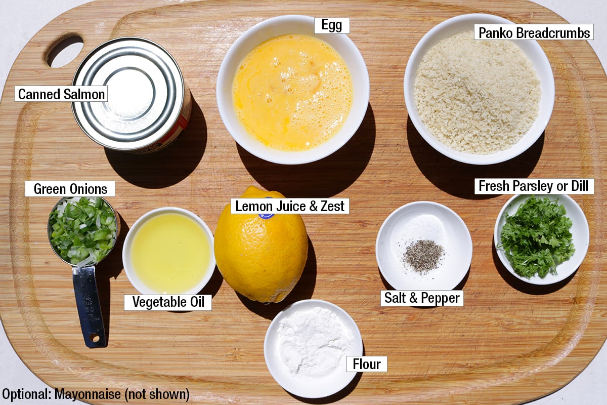 Canned salmon, egg, panko breadcrumbs, green onion, vegetable oil, lemon juice & zest, flour, salt & pepper, fresh parsley or dill.